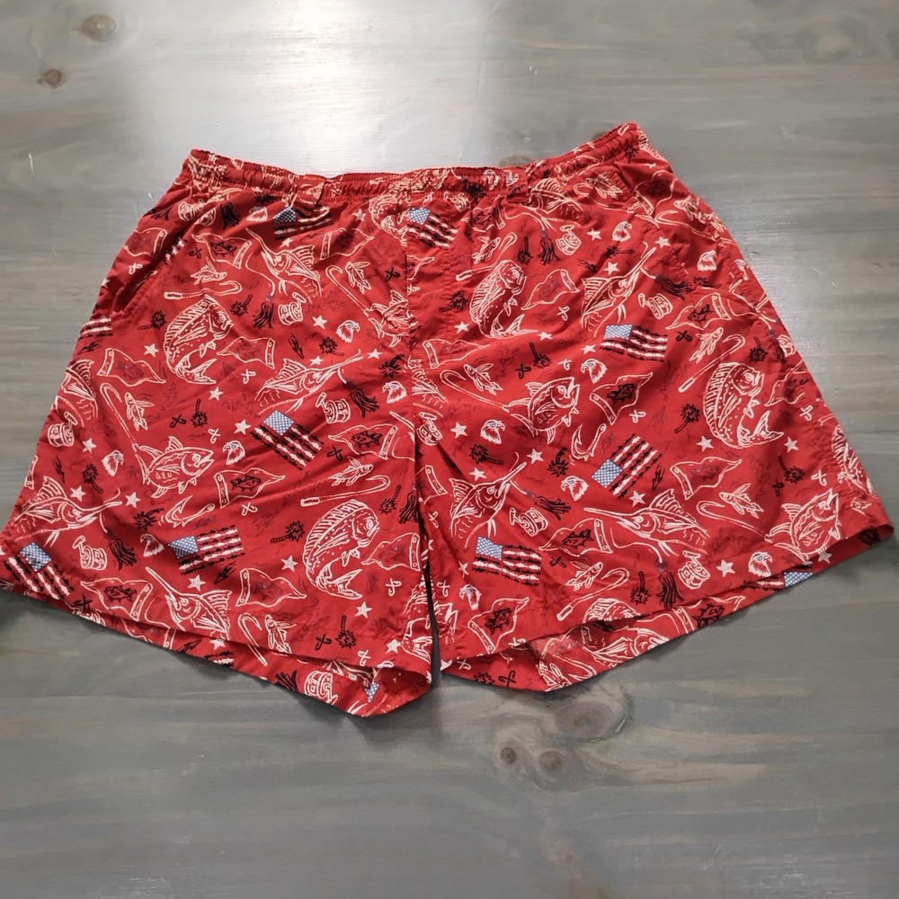 Columbia PFG Swim Trunks Mens L Red AOP Flag Fish Star Elastic Tie Waist Lined